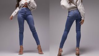 composite of model wearing Topshop Hourglass Jamie Jeans in light blue
