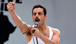 Rami Malek as Freddie Mercury in Live Aid in Bohemian Rhapsody