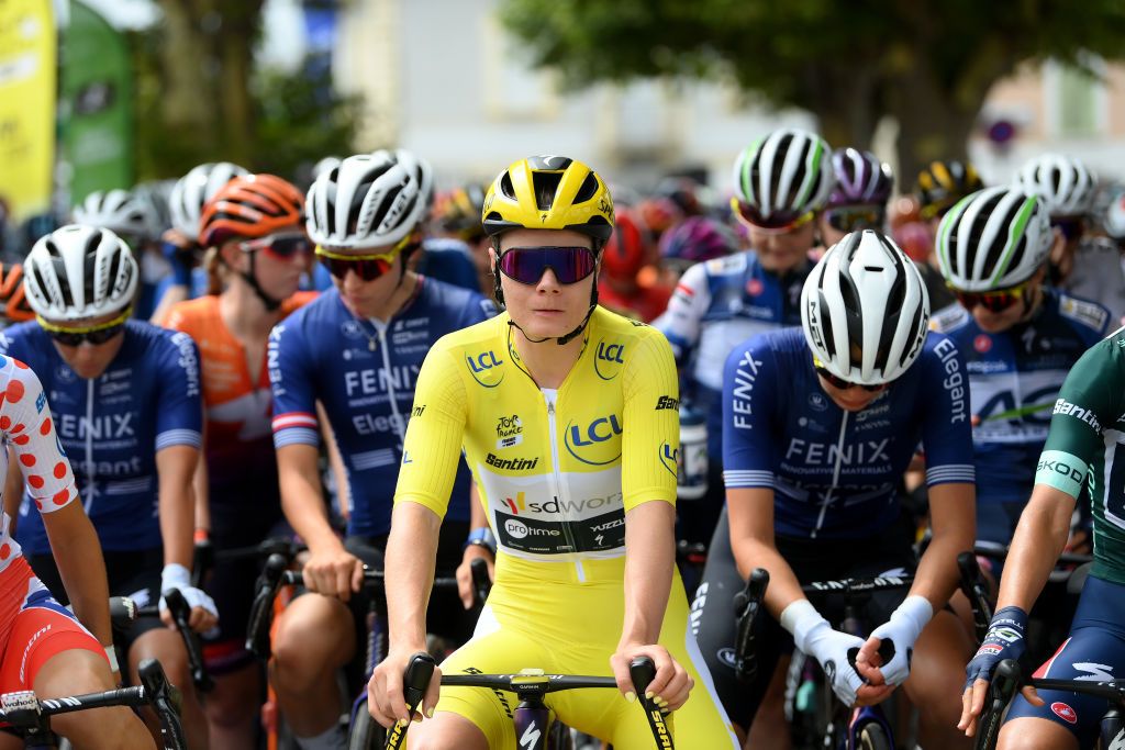 Yellow jersey Lotte Kopecky (SD Worx) at the start of stage 7