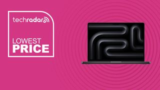 The MacBook Pro (M5, 2025) on a pink background with text saying Lowest Price.