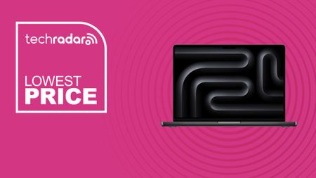 The MacBook Pro (M5, 2025) on a pink background with text saying Lowest Price.