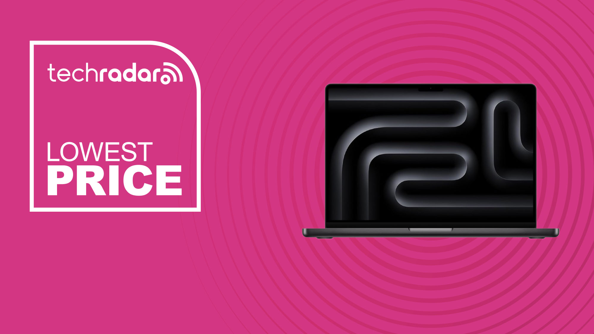The MacBook Pro (M5, 2025) on a pink background with text saying Lowest Price.