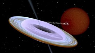 Artist impression of the X-ray binary system containing a black hole (small black dot at the center of the accretion disk) and a companion star. The jet that is directed along the black hole spin axis is strongly misaligned from the rotation axis of the orbit.