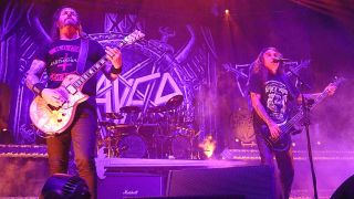 Gary Holt and Tom Araya performing live with Slayer in 2018