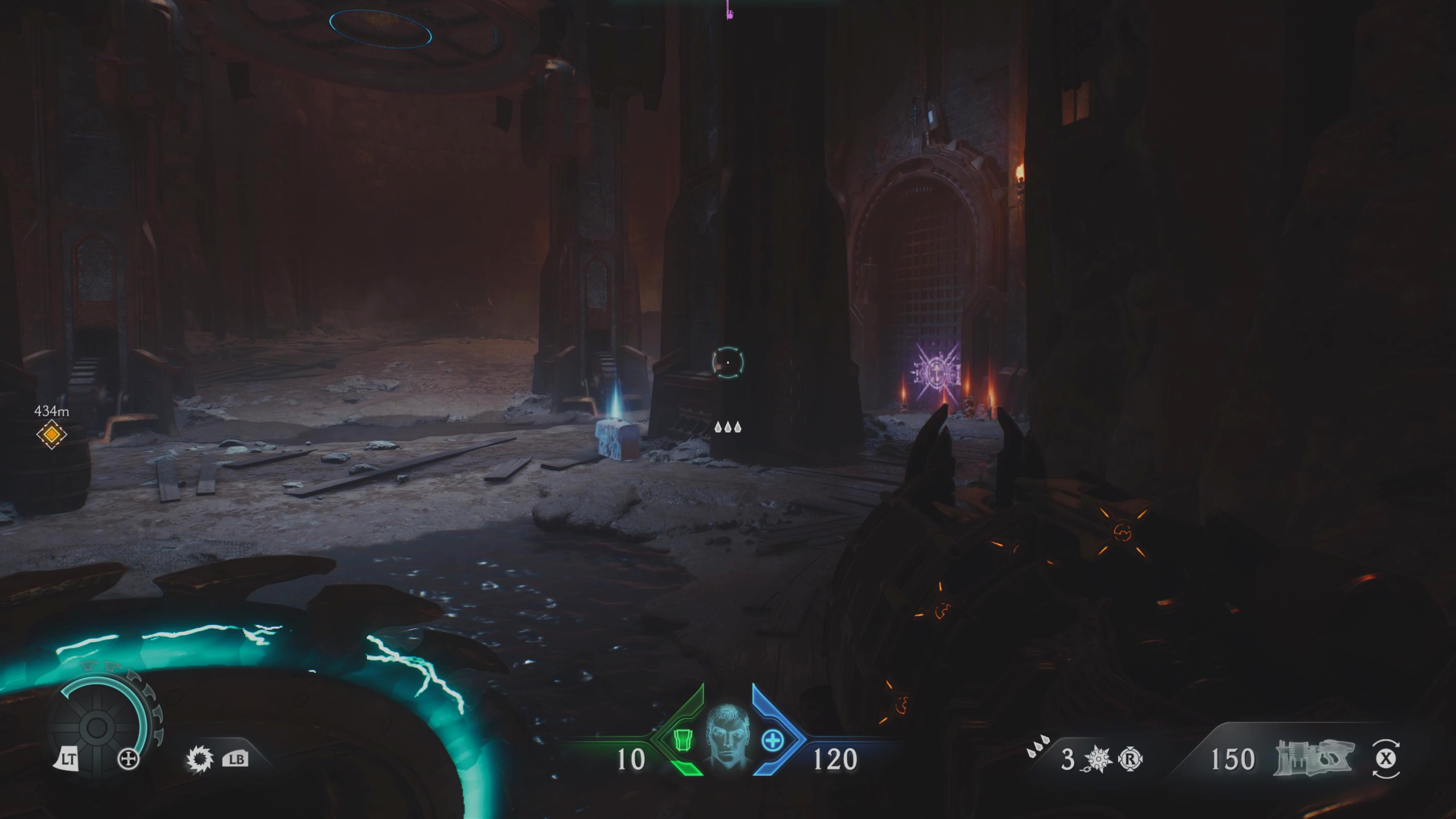 Doom: The Dark Ages Siege Part 1 secrets - A large cave with a gate on the right requiring a purple key to open.