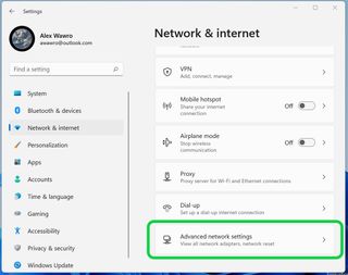 Windows 11 network settings menu open with Advanced network settings menu highlighted