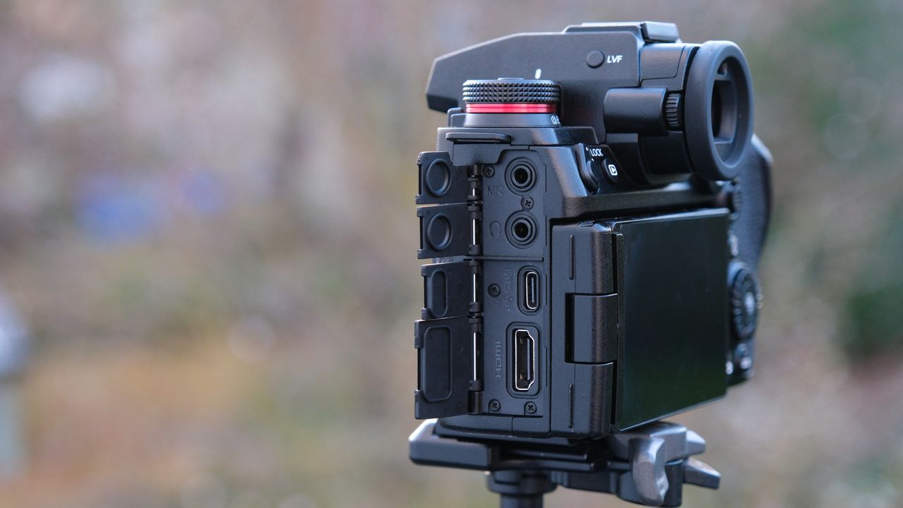 Close up of the ports and port covers on a Panasonic Lumix S1R II camera top panel