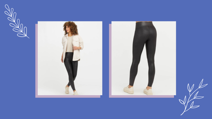 Two photos of a model wearing Spanx Faux Leather leggings, a front view and a back view on a blue background