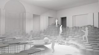 A render of a white room consisting of circular tables on the left and circular stools on the right.