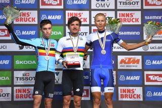 Bjorg Lambrecht, Marc Hirschi and Jaakko Hanninen on the 2018 U23 road race podium