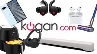 White background with Kogan logo in middle with products around it including Airpods, vacuum, airfryer, headphones and more
