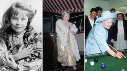 L-R: A young Elizabeth Bowes Lyon, The Queen Mother attending a formal event, and the Queen Mother playing snooker