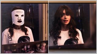Lily Collins in Emily in Paris wearing the CurrentBody Skin LED Light Therapy Mask next to shot of her looking in mirror while holding it