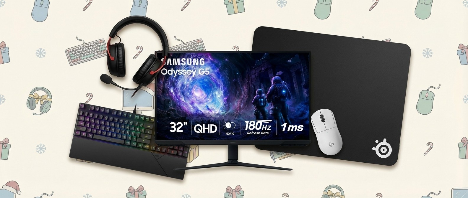 PC gaming accessories against a Christmas-themed PC gaming background