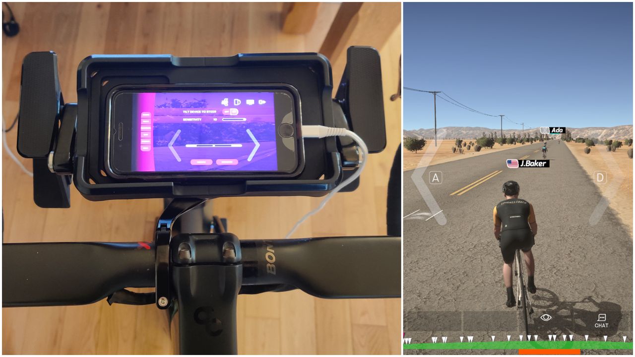 Image shows a rider using Wahoo&#039;s new Kickr Steer on the updated RGT cycling platform