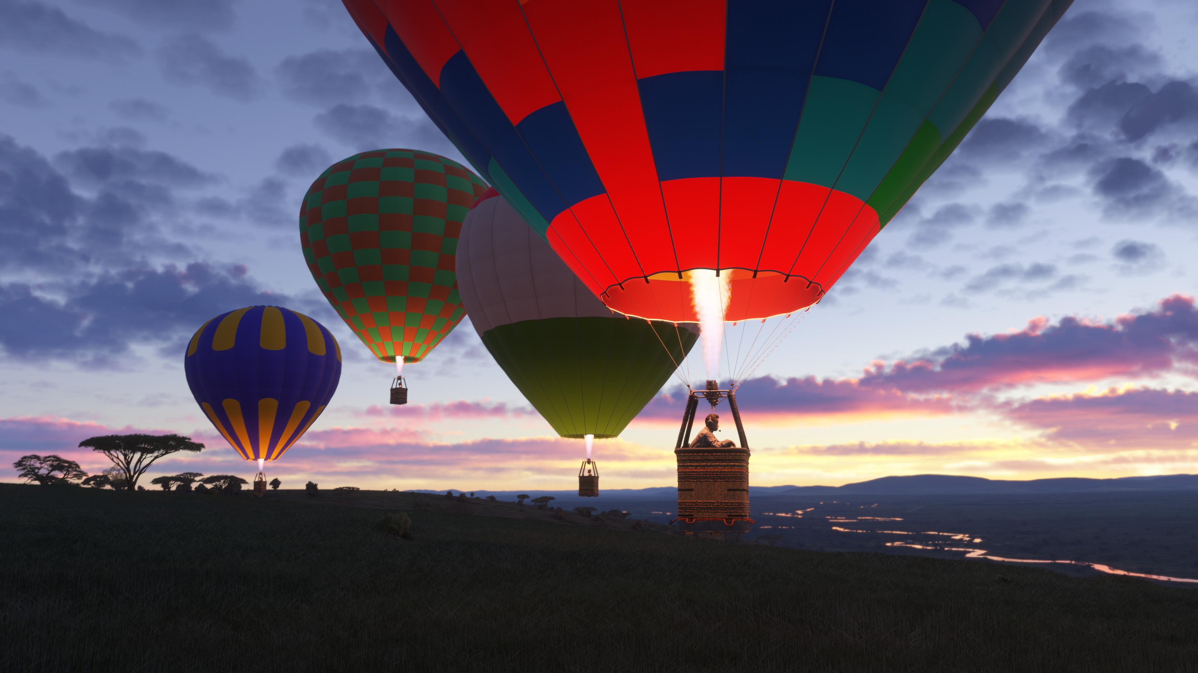 Hot air balloons in the sky in Microsoft Flight Simulator 2024.