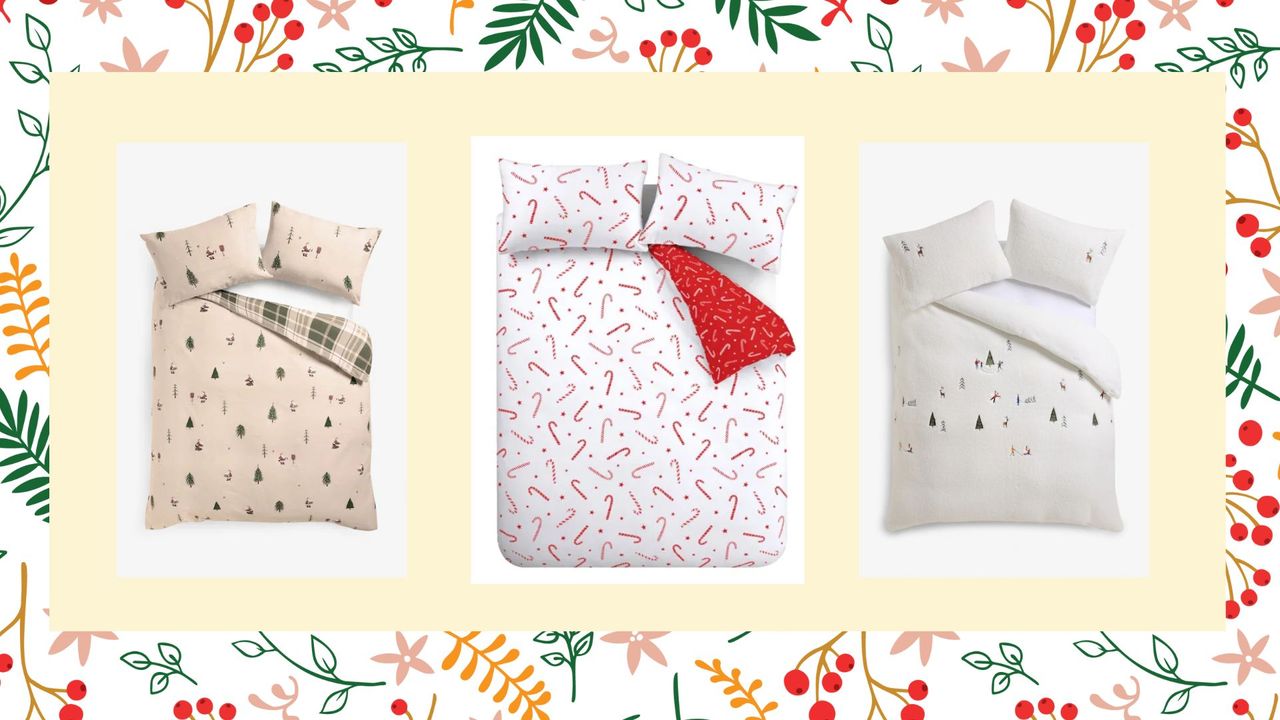 Three of the best Christmas bedding sets on a festive backrgound