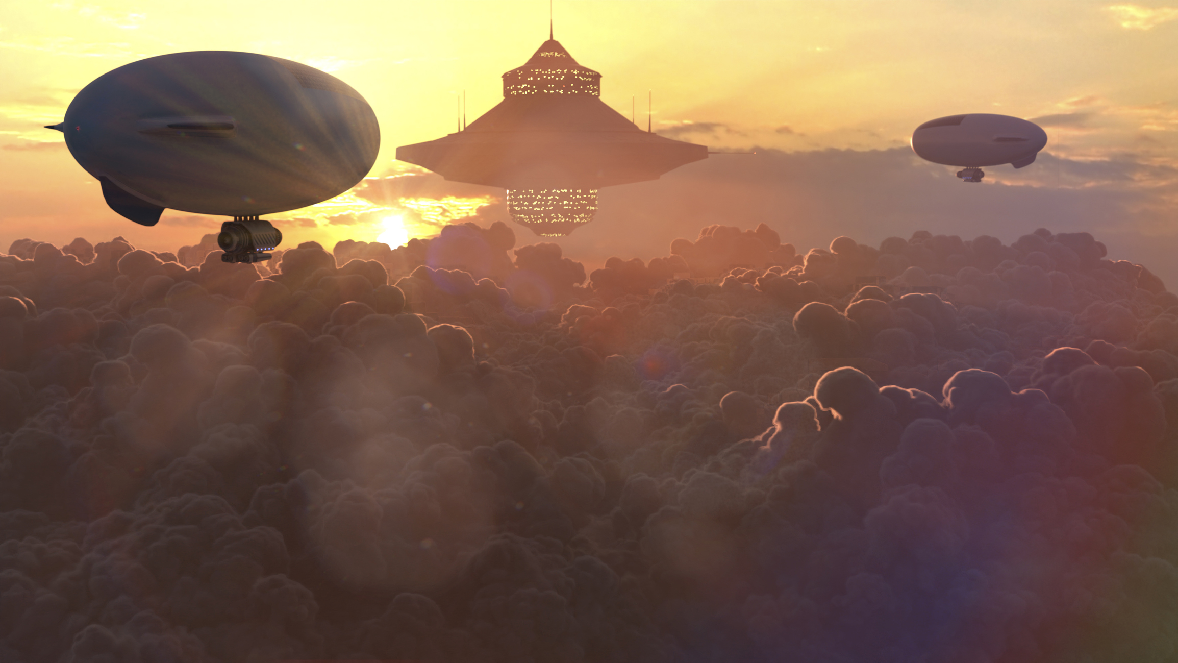 Artist's illustration of Venus' atmosphere with large airships floating above the thick clouds.