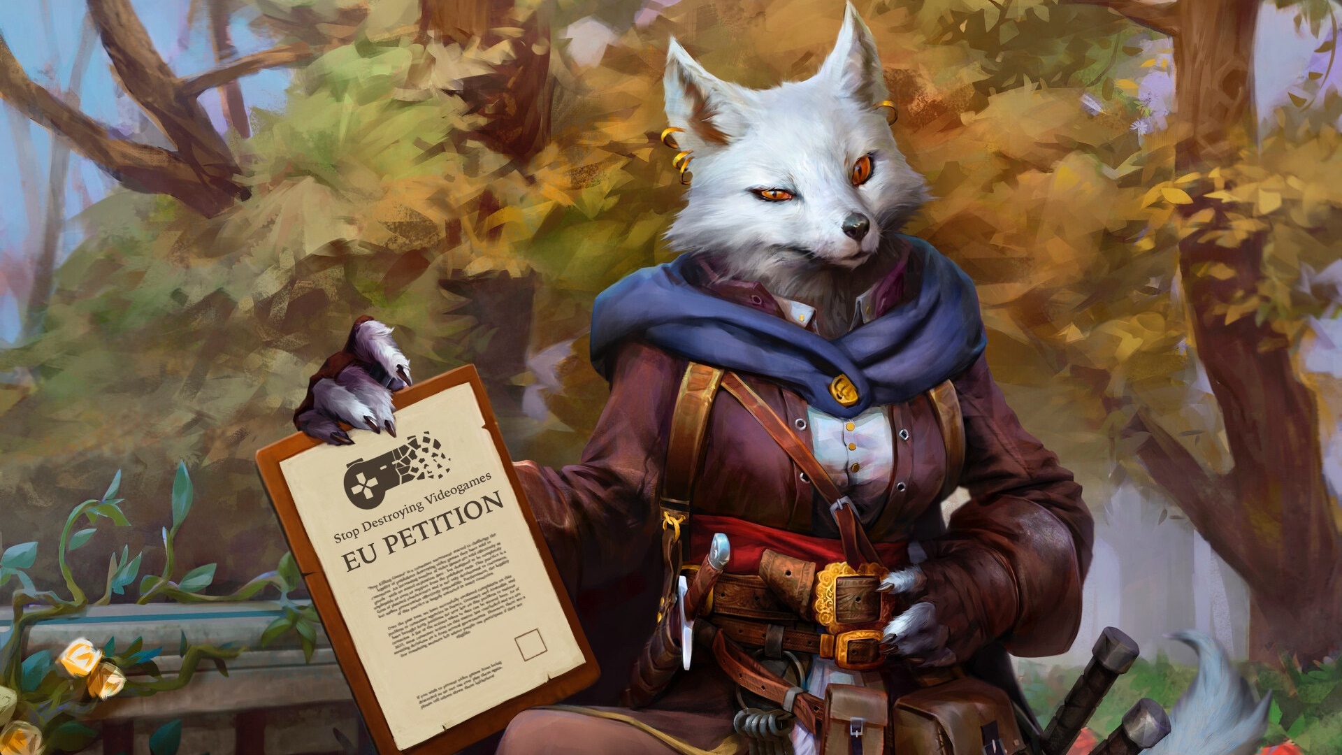 A white anthropomorphic fox wields a Stop Killing Games petition.