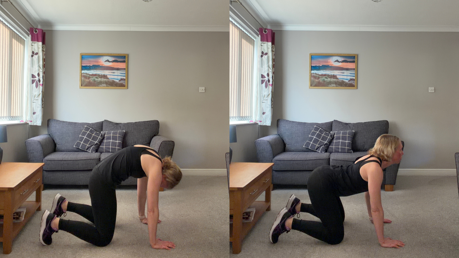 Personal trainer Becky Fuller performing stretching demonstrations in a living room