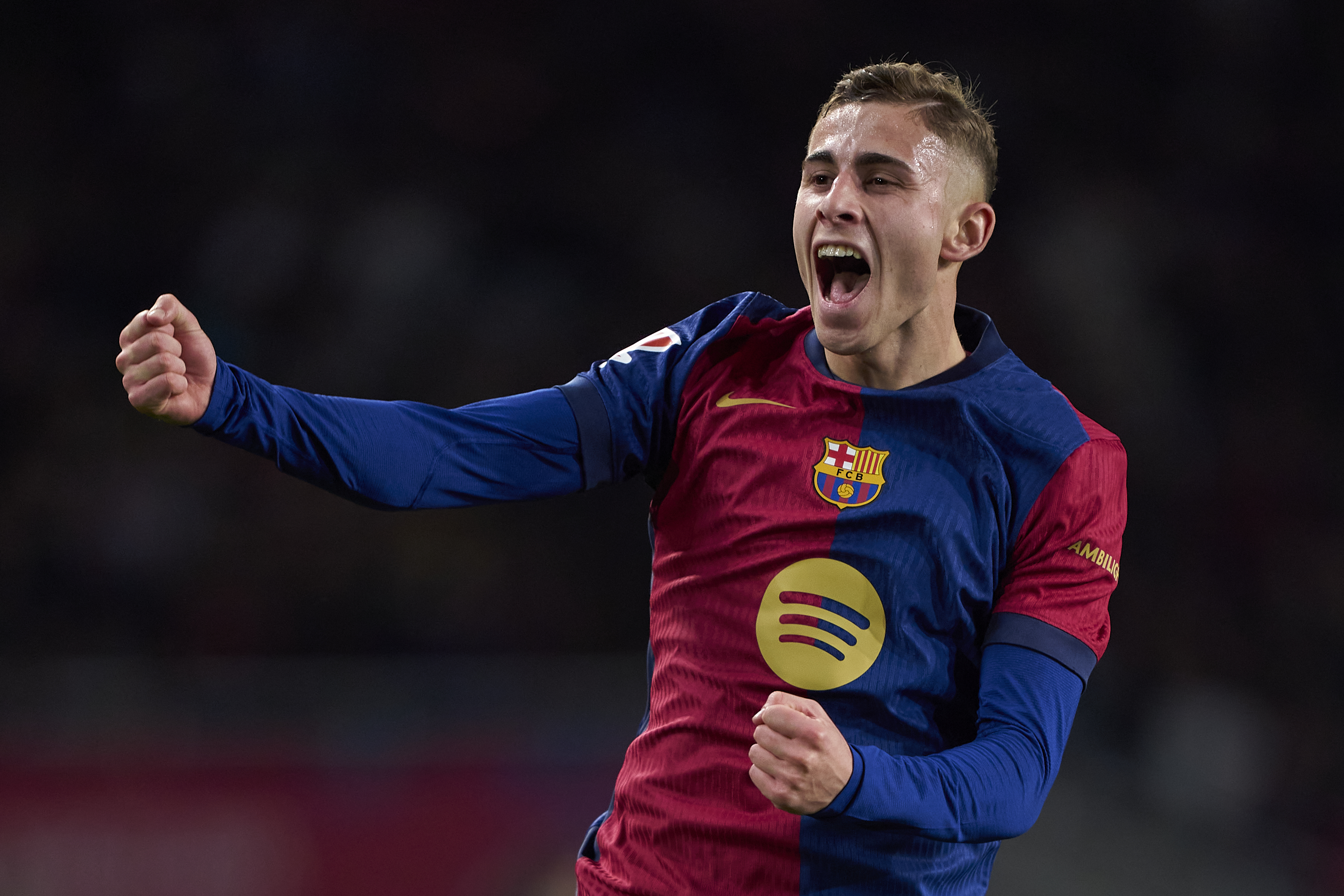 Fermin Lopez celebrates after scoring Barcelona's fourth goal against Valencia in La Liga in January 2025.