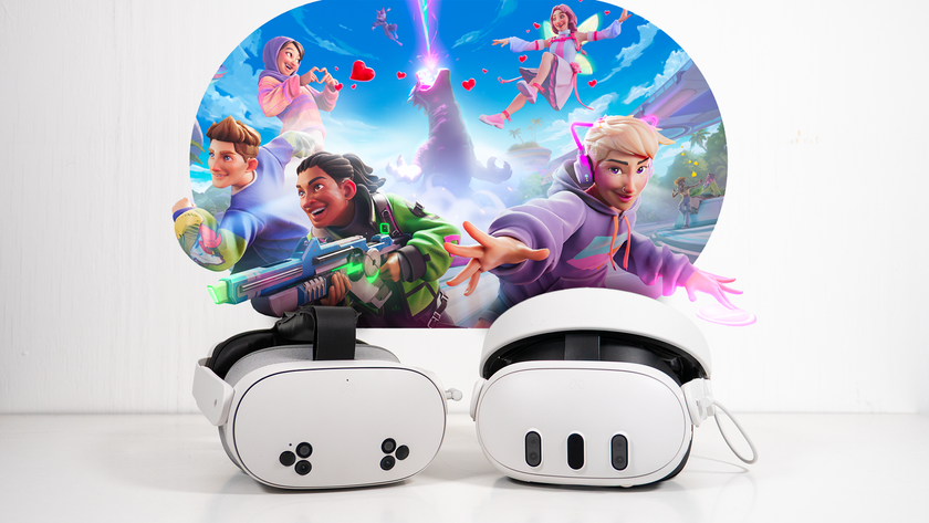 A Meta Quest 3 and a Meta Quest 3S headset on a table with a Horizon Worlds portal behind them