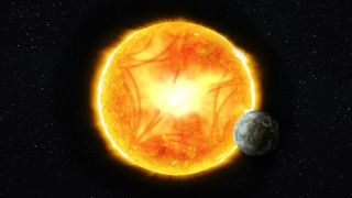 a small blue green planet hangs in front to the side of a bright orange yellow sun