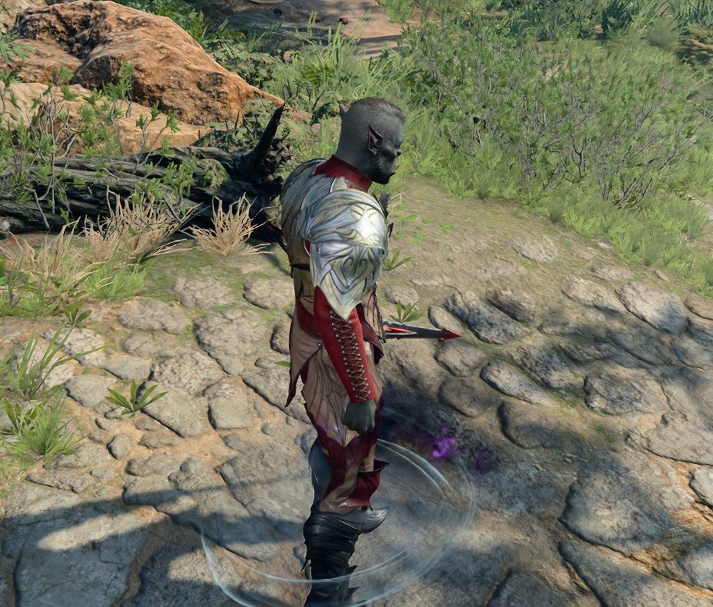 Close up of Half-Orc warlock wielding the new summoned Shadow Blade in Baldur's Gate 3