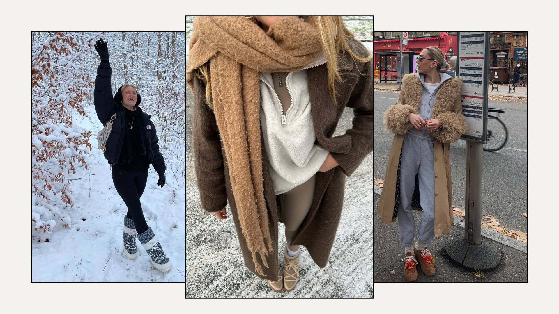 Three fashion people wear fleece lined leggings outfits. 