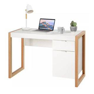 A white and natural wood desk with a drawer and a cupboard