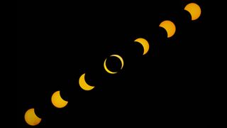 sequence of images showing a partial solar eclipse unfold as the moon takes a larger and larger "bite" out of the sun.