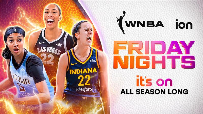 Shot of WNBA players along with WNBA and ION logos