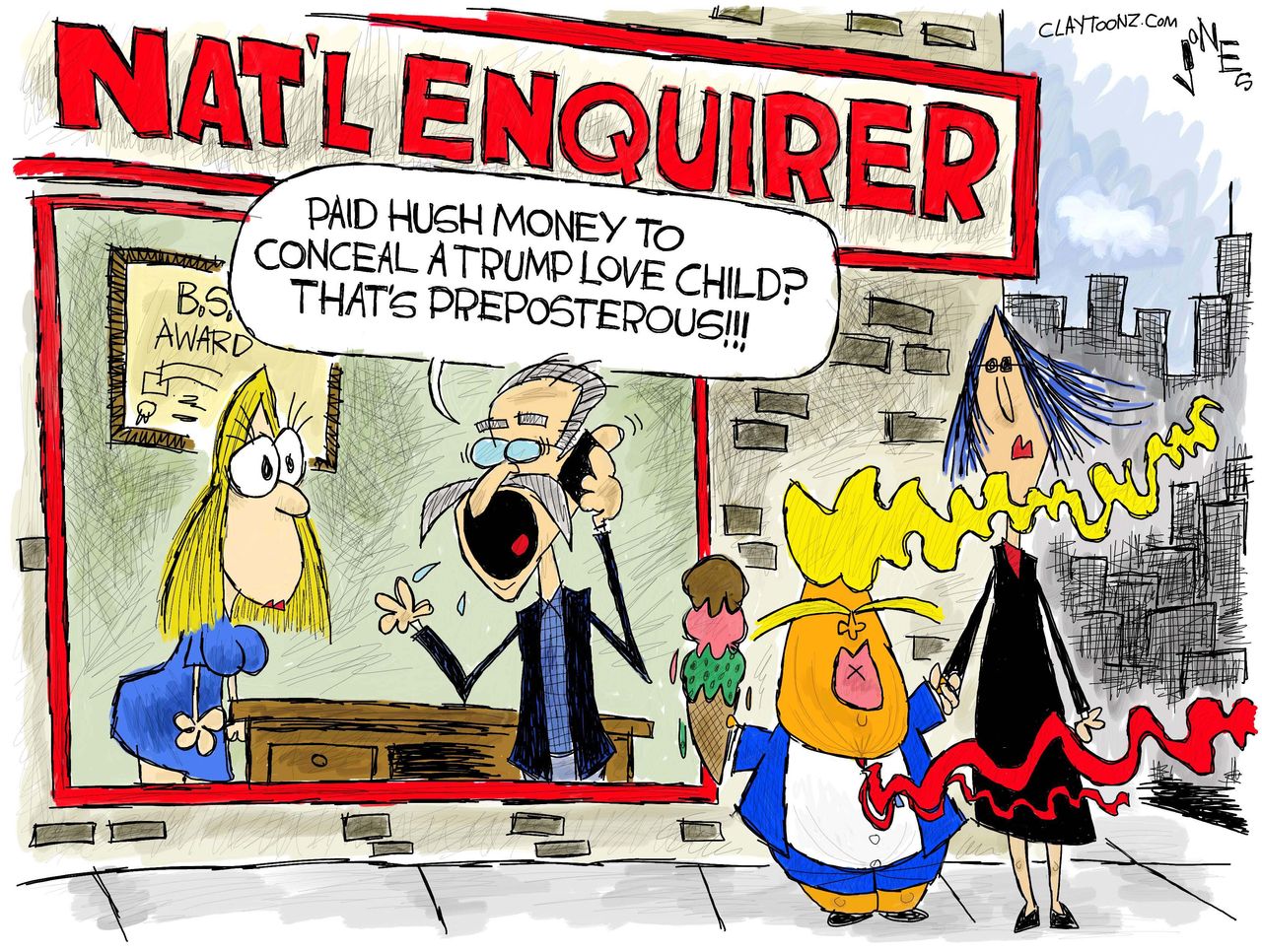 Political cartoon U.S. Trump hush money National Enquirer