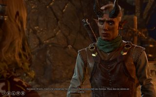 Dammon the tiefling speaks to the player character