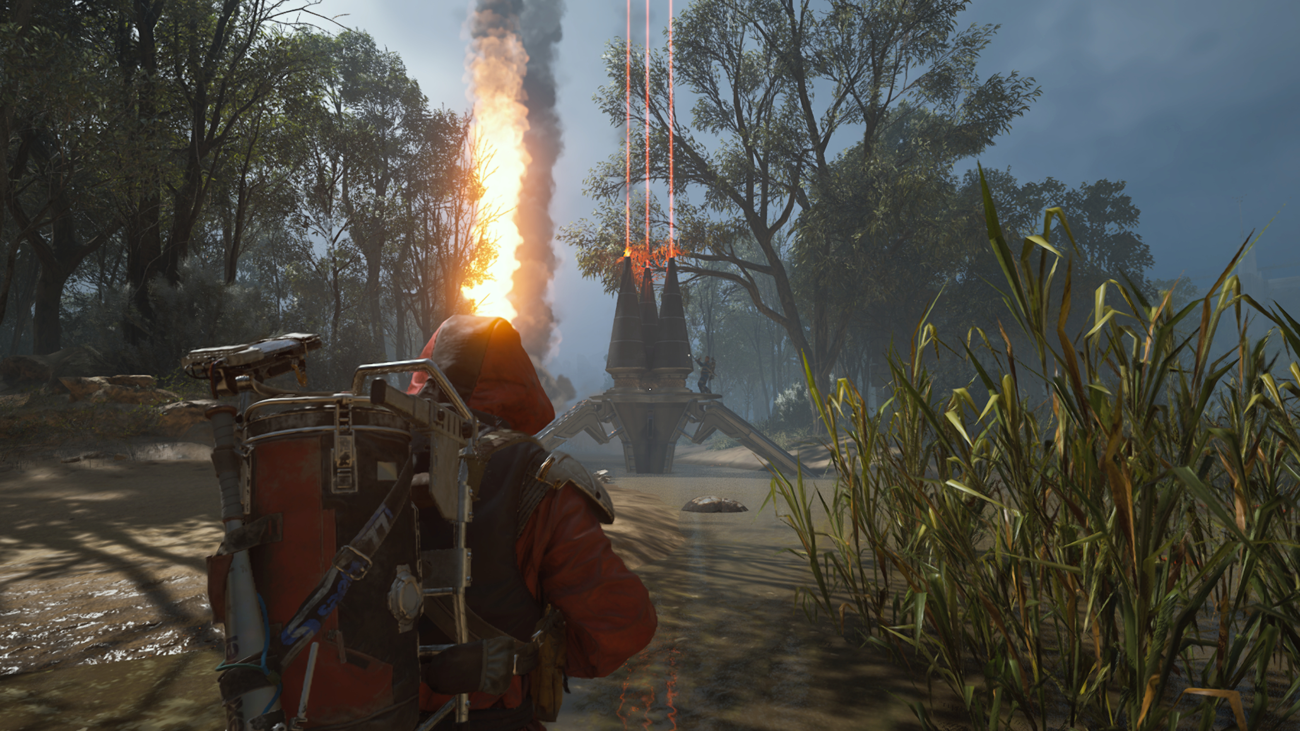 Arc Raiders Assessor Matrix: A player looking at an Assessor drop pod in the swamps of Dam Battlegrounds, as more Arc machines drop down to the left.