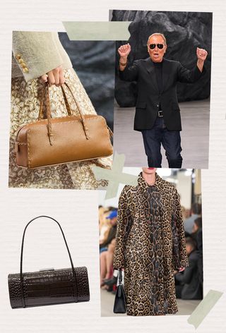 a collage showing some of the best Michael Kors bags, specifically an image on the left with a model carrying a brown bowler bag next to a photo of the designer walking the runway at his spring 2025 runway show and close photos of a model carrying a black frame bag