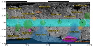 A view of the asteroid Ryugu showing the storybook-inspired names of the asteroid's features, as observed by the Japanese spacecraft Hayabusa-2.