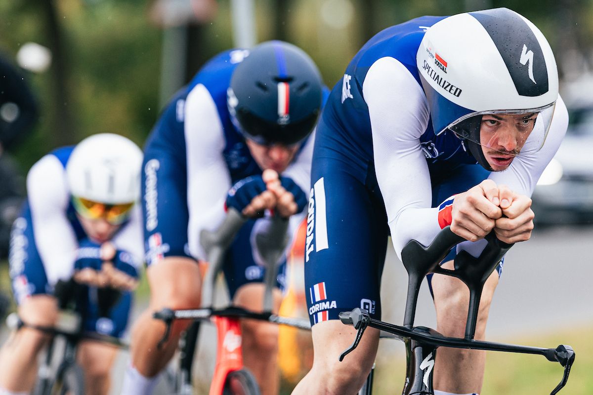 Remi Cavagna lads the men's trio during the mixed relay TTT at the European Championships