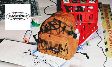 Eastpak logo top left with a picture of kids bag with pen markings on the bag 
