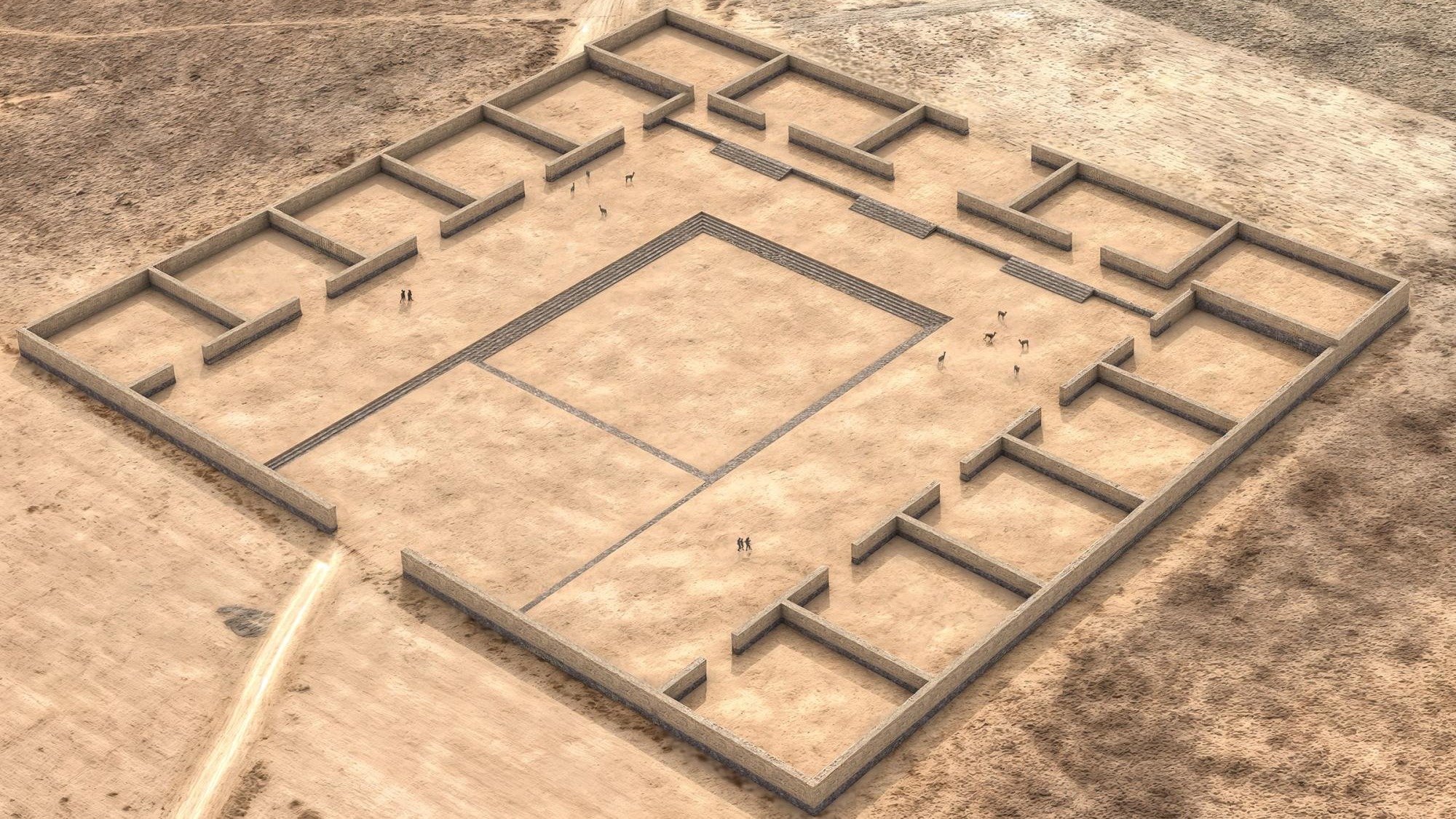 A digitally recreated temple sits on an open plot of land.