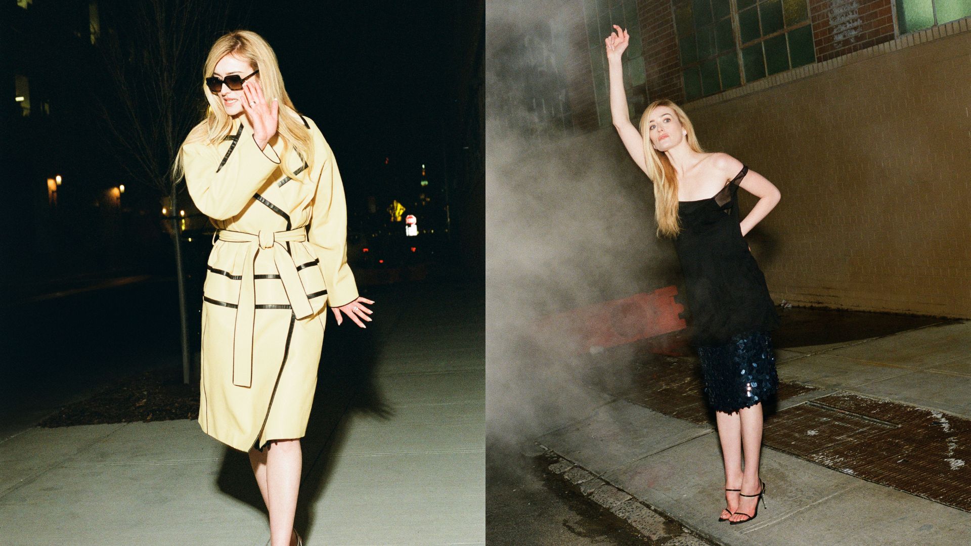 two side by side photos of Sarah Pidgeon, one in a yellow belted dress and one in a black sequinned gown