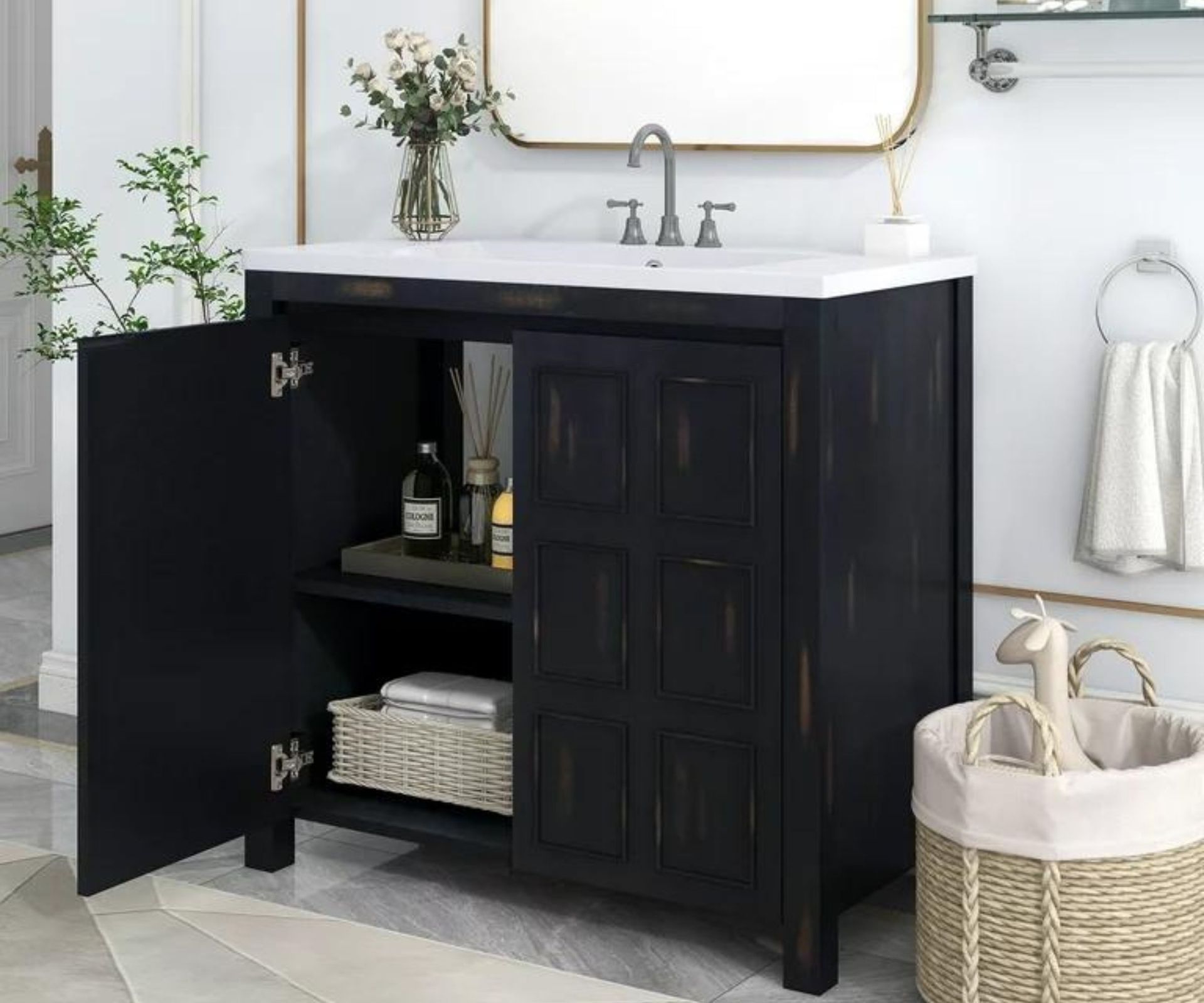 Churanty Bathroom Vanity against a wall.