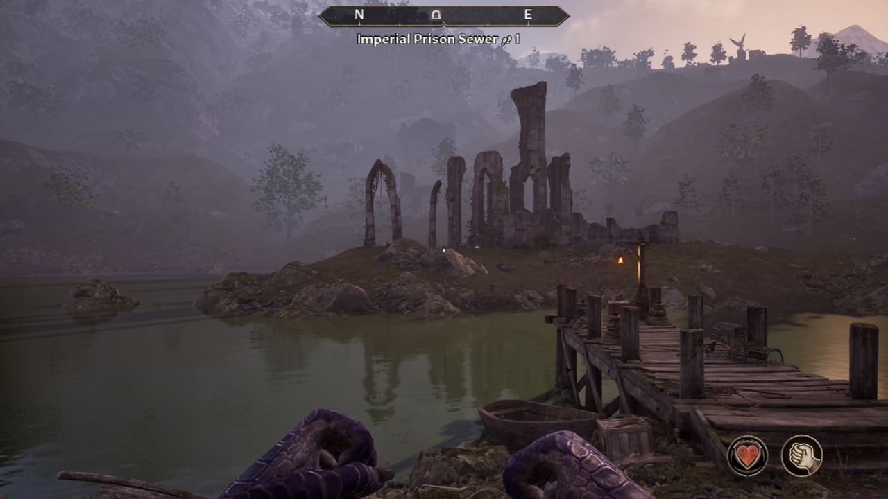 Comparison screenshots for The Elder Scrolls 4 Oblivion Remastered on Switch 2, with ancient ruins on a small island in a lake