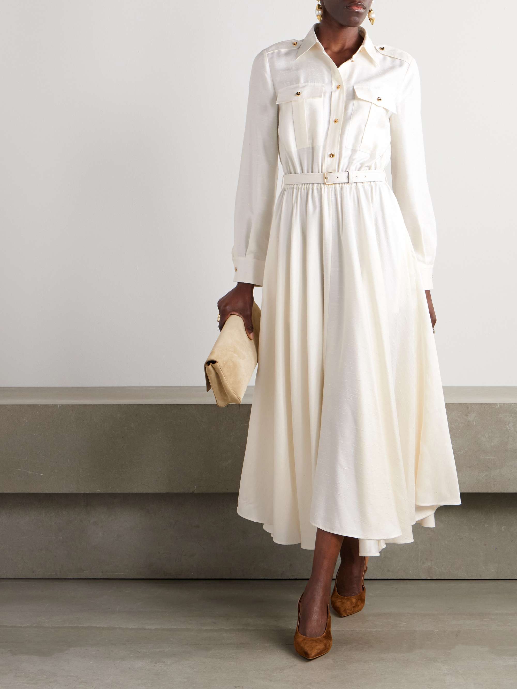 Lela Belted Leather-Trimmed Silk-Shantung Midi Shirt Dress