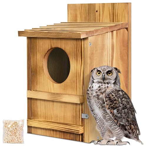Screech Owl House, Owl Bird Box Large Handmade Wooden Circular Opening Screech Box for Outside With Mounting Screws and a Bag of Wood Shavings, Easy Assembly Required (brown, 9" X 14.5")