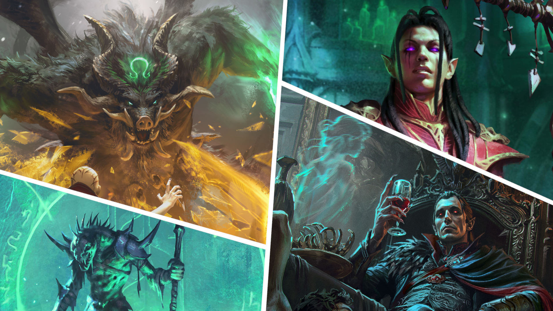 A boar-like demon, a wizard with glowing eyes, a vampire, and a snake-like monster divided by white lines