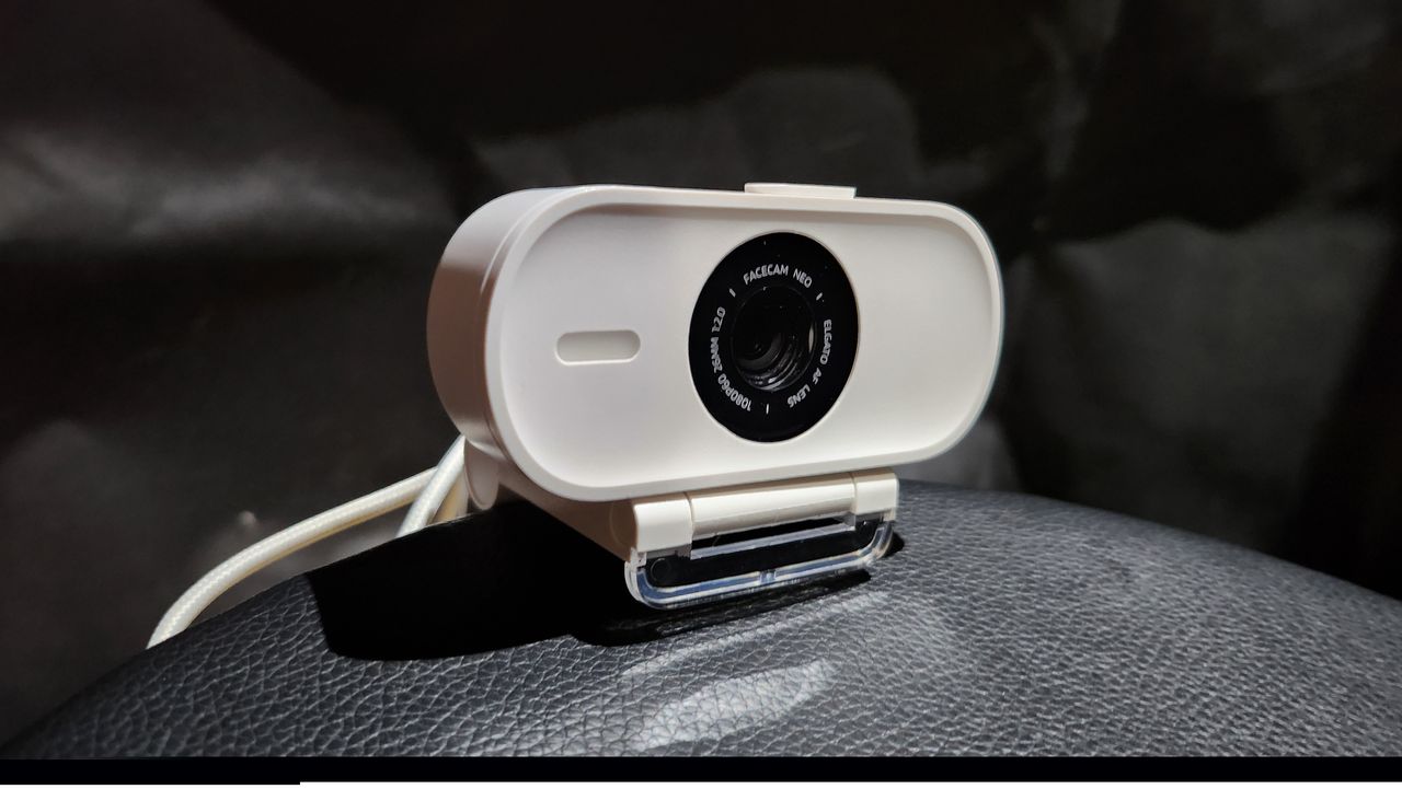 Elgato Facecam Neo set up on a desk.