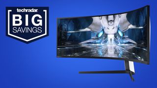 A Samsung Odyssey G9 gaming monitor on a blue backdrop
