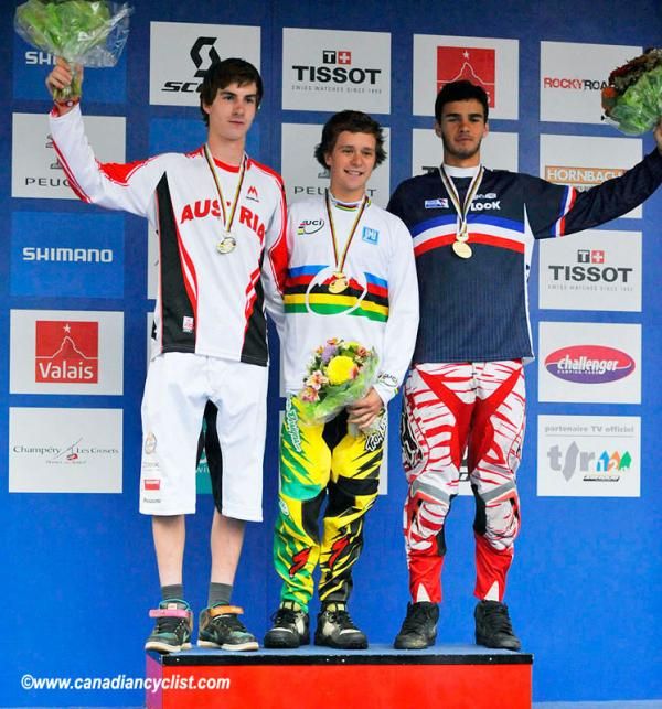 Junior men's podium (l-r): David Trummer (Austalia), Troy Brosnan (Australia), Guillaume Cauvin (France)