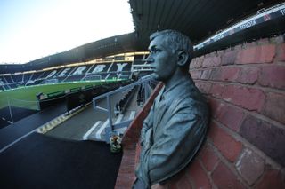 A statue of legendary Derby County forward Steve Bloomer at the club's Pride Park stadium, pictured in December 2022.